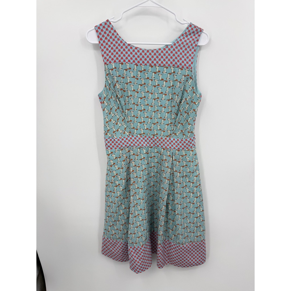 eShakti Cat Heart Print Fit & Flare Dress Womens Size 10 Turquoise Red Pockets